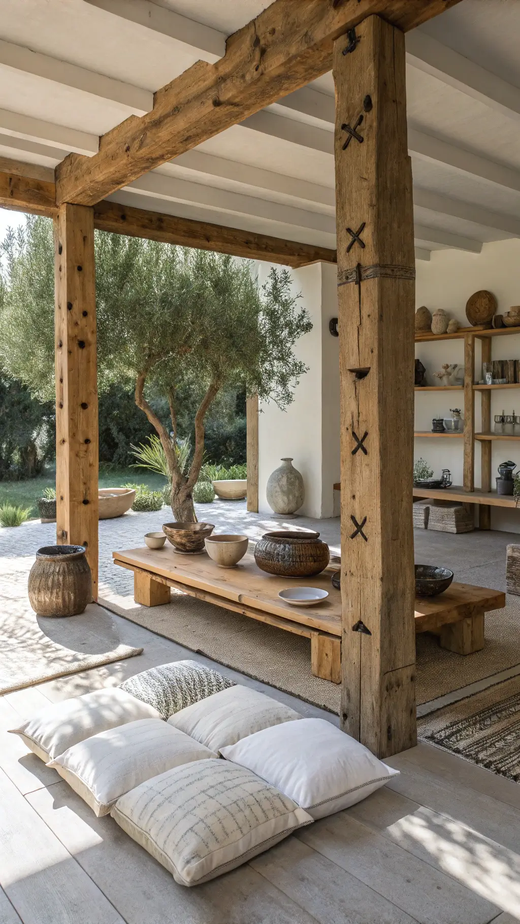 Bright, open-concept 22x25ft space with original timber posts, oversized cotton floor pillows, wooden coffee table, ceramic bowls on reclaimed wood shelves and a potted olive tree casting shadows in midday filtered light.