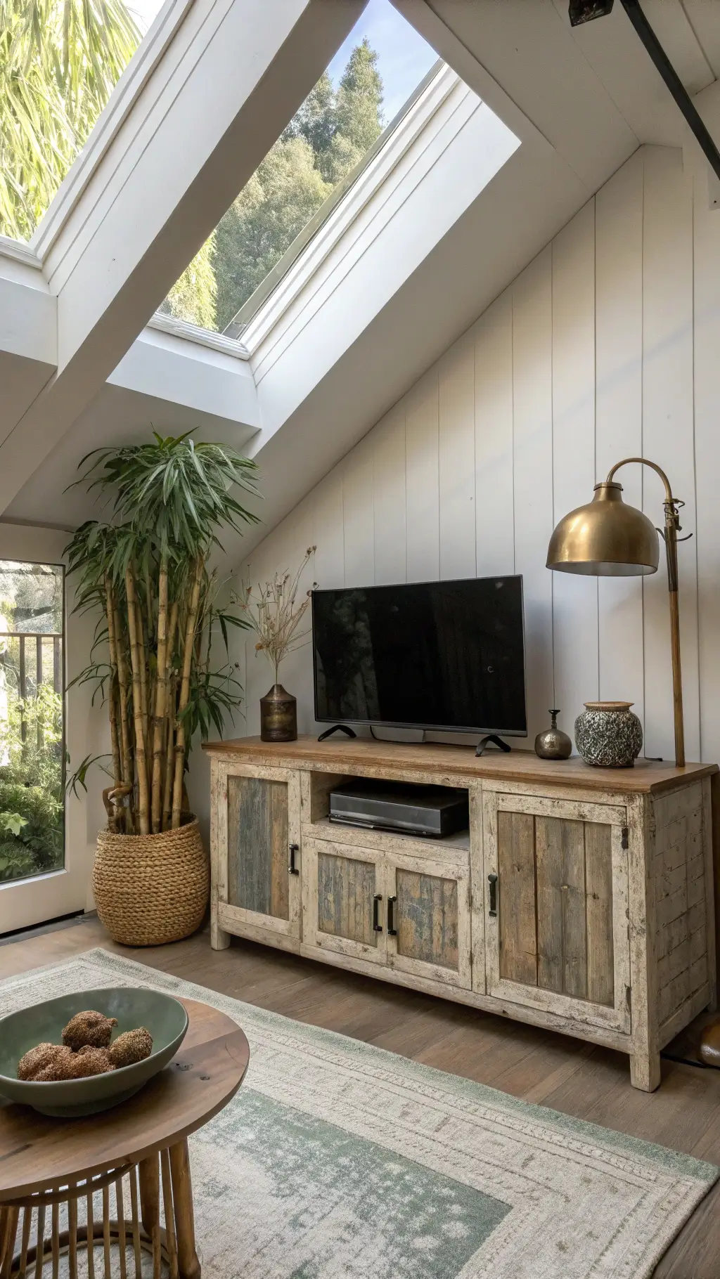 Overhead view of a cozy 10x12ft living room lit by skylights, featuring a weathered trembesí wood TV unit, potted bamboo, ceramic bowl collection with found objects and dried botanicals, and a vintage brass lamp. The room is colored in soft whites, moss green, silvered wood tones, and aged brass.