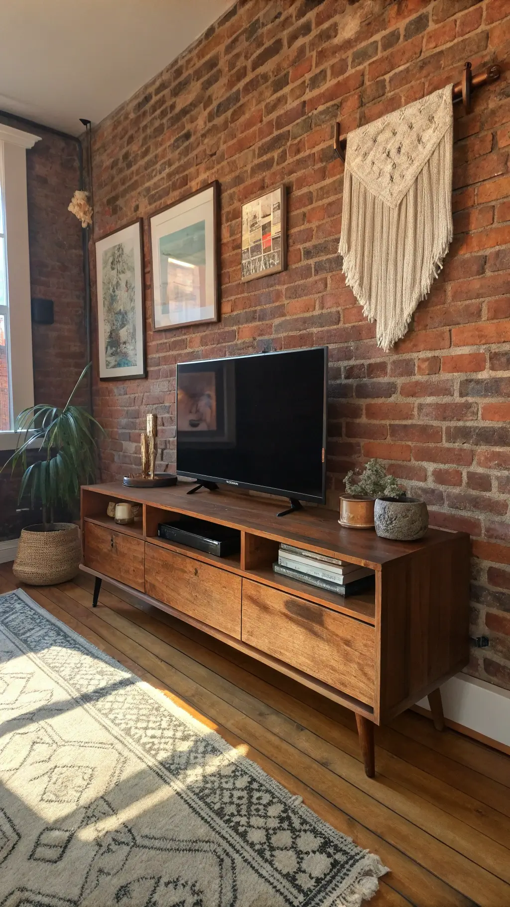 Cozy 11x14ft room with brick walls, walnut TV stand featuring natural wood splitting, handmade pottery in earth tones, vintage textile art, and warm sunlight adding a soft ambiance.
