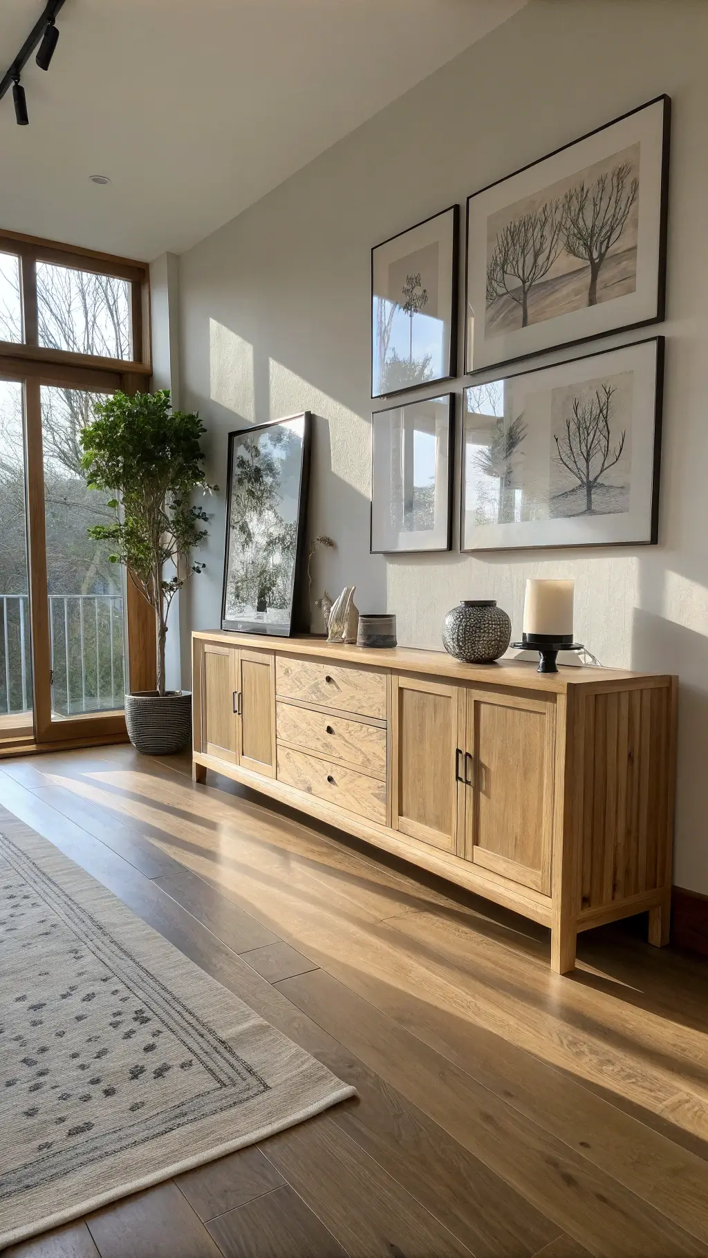 Serene 13x15ft room with bamboo flooring and sungkai wood media unit, showcasing wabi sabi ceramics and minimal ink artwork, lit by soft morning light through rice paper screens.