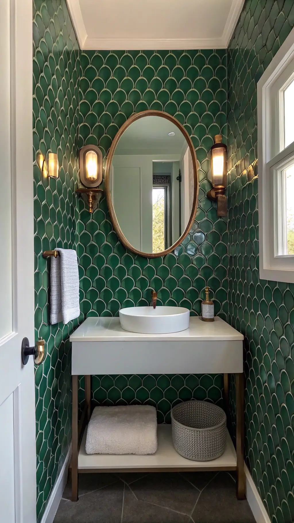 5x7ft modern bathroom with emerald green penny tile accent wall, flanked sconces, round mirror above matte white wall-mounted sink, emphasized by late morning light.