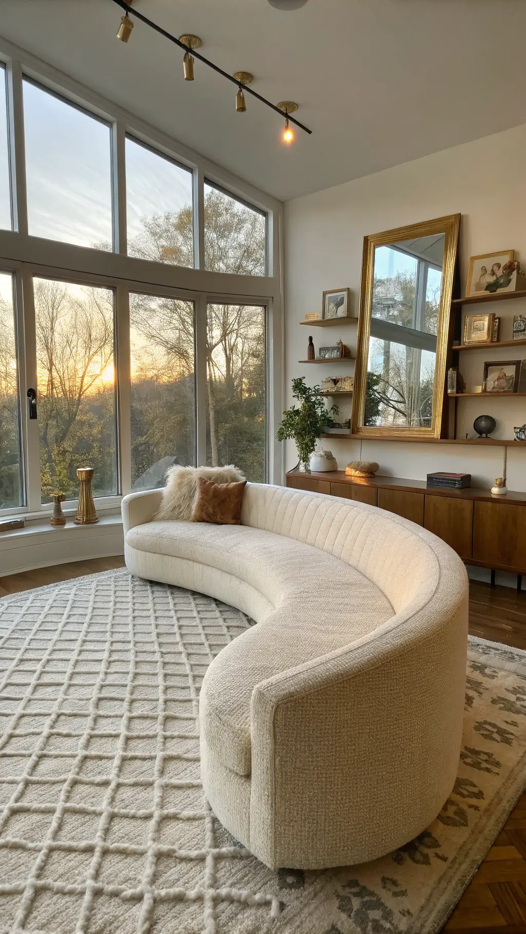 High angle view of a spacious 11x11ft corner living room in late afternoon light showcasing a cream bouclé loveseat under large windows, a collection of ceramics on floating shelves, an oversized floor mirror with a brass frame, and a textured wool rug with a geometric pattern.