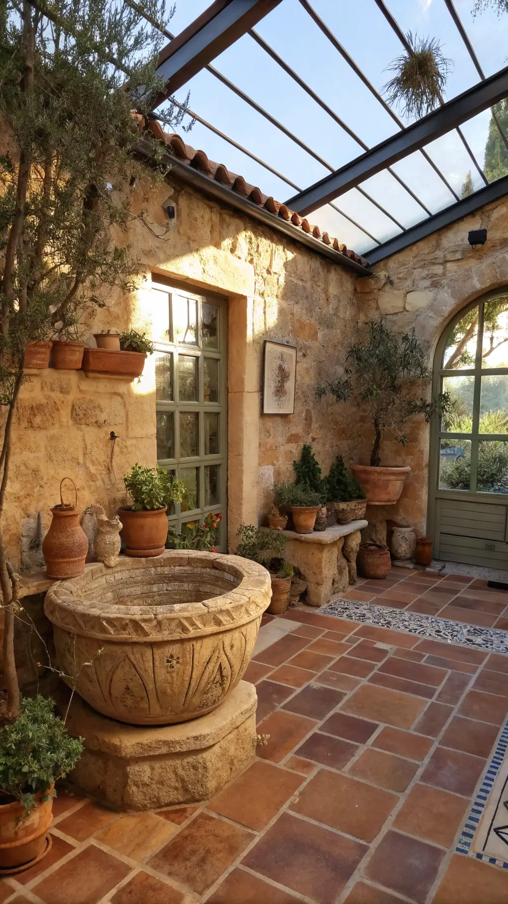 Late afternoon sun illuminating a 40x40ft garden room with centuries-old olive trees casting shadows over decomposed granite, antique earthenware showing signs of aging, and a weathered stone water basin, in a warm Mediterranean palette.