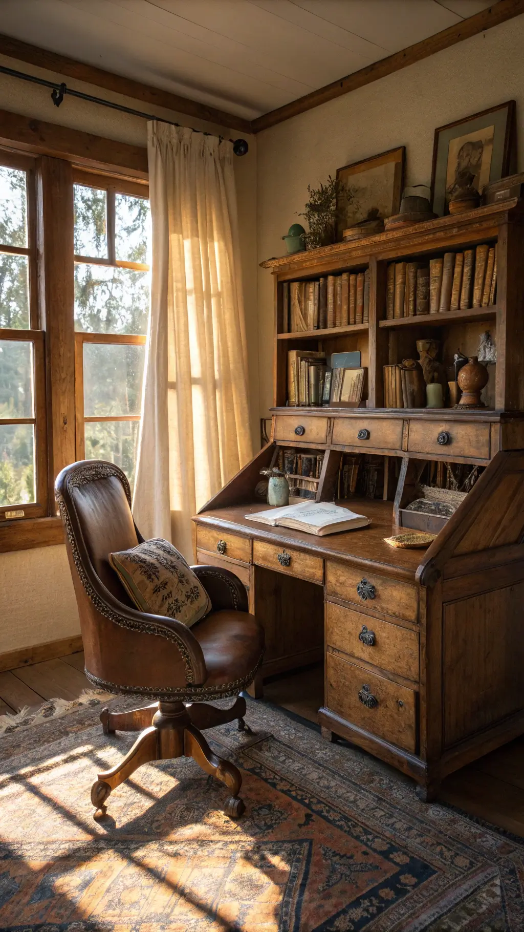 Vintage study adorned with antique desk, leather chair, book-filled shelves and handmade pottery, bathed in the warm glow of late afternoon sun filtered through wrinkled linen curtains.