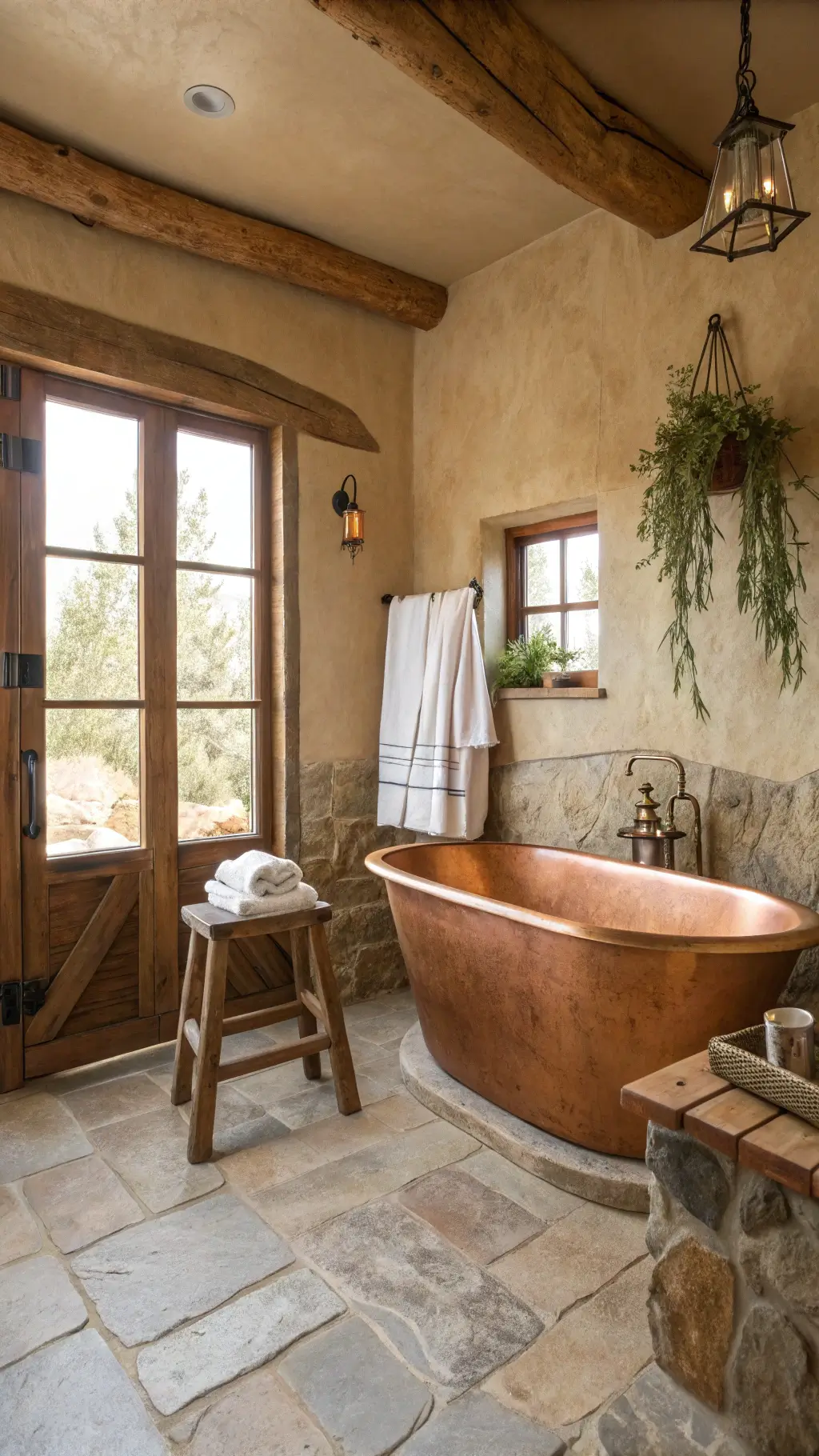 A 12x14ft serene bathroom at dawn showcasing a freestanding copper tub with patina, reclaimed wooden stool with handmade soap dish, aged linen towels, stone flooring, frosted glass window, clay wall plaster, and dried eucalyptus bundle hanging from a wooden beam, captured from the doorway with natural side lighting.