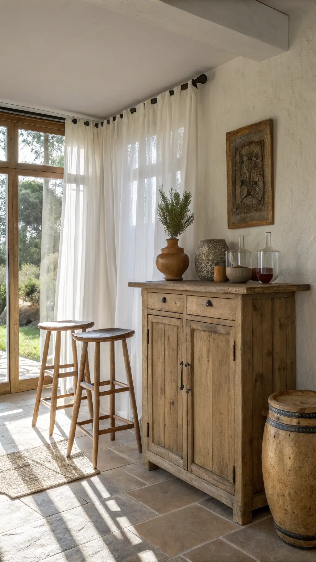 Authentic and serene bar nook featuring weathered oak cabinet, handcrafted ceramic vessels, raw-edge wooden barstools, under the soft glow of late afternoon sunlight filtering through sheer linen curtains