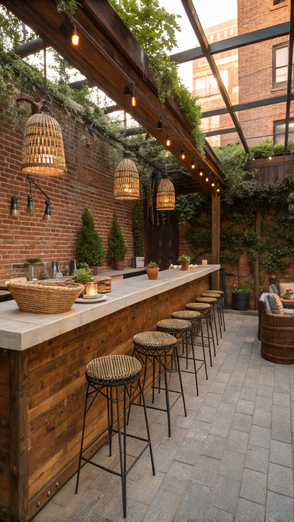 Rustic 8x10ft indoor-outdoor bar at golden hour with worn teak counter, iron and leather barstools, exposed brick walls with climbing vines, baskets with dried botanicals, earthenware vessels, vintage copper pendant lighting, and stone bowls with linen napkins.