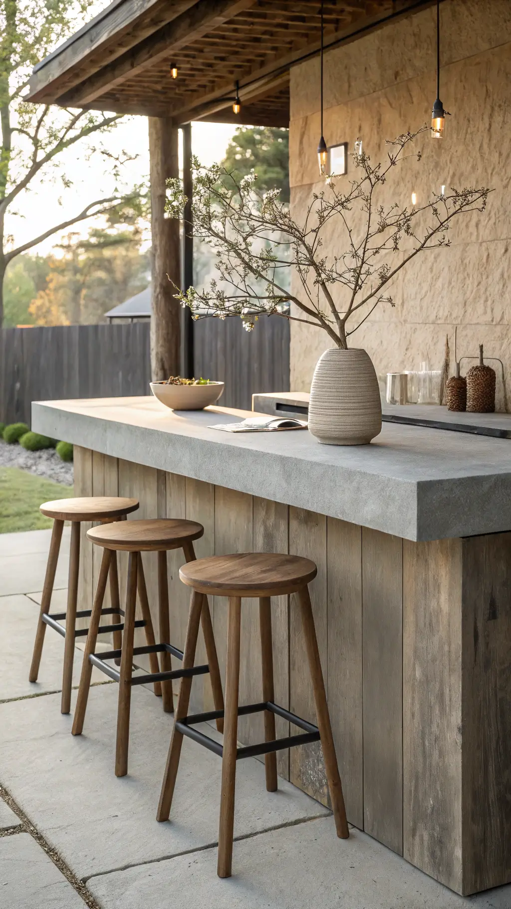 Minimalist bar area with concrete top, blackened steel base, wooden stools, wabi sabi ceramics, a cherry blossom branch, handmade paper wall art, and raw silk textiles in morning light