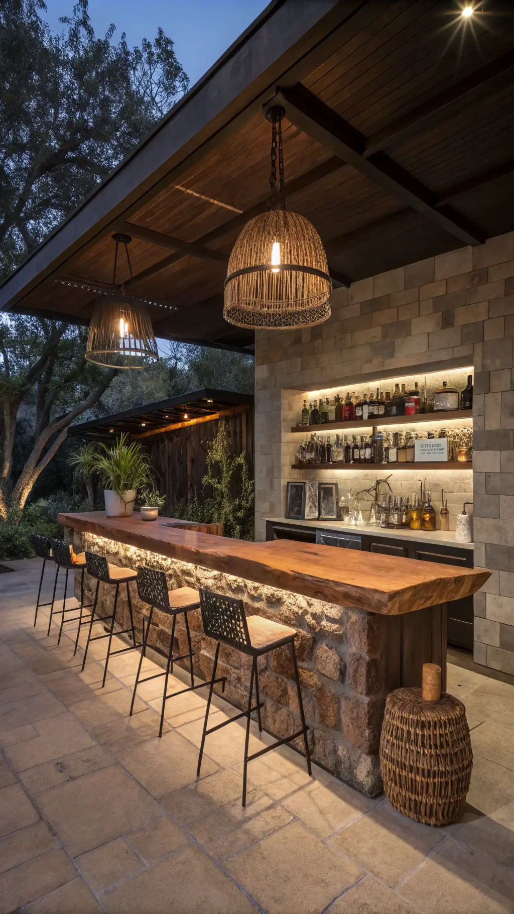Sophisticated yet soulful 15x20ft great room bar at dusk, featuring a massive L-shaped live-edge walnut slab bar, organically-shaped ceramic bar stools, open shelving with vintage bottles and dried botanical arrangements, and dramatic lighting by a handwoven pendant light. Interior materials include rough-hewn stone, oxidized metals, and raw linens.