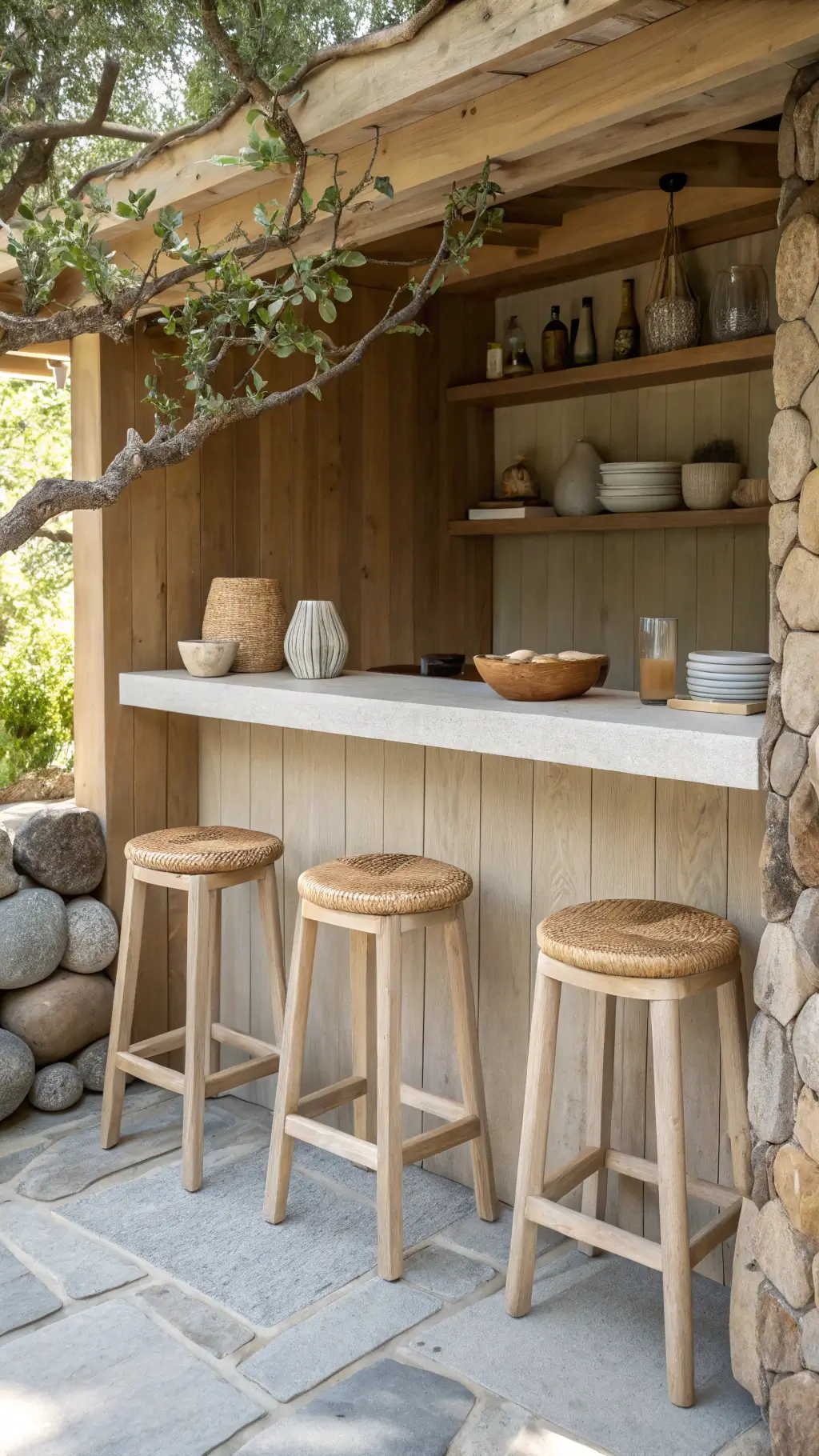 Peaceful 6x8ft bar alcove bathed in soft morning light, featuring a floating bleached oak shelf bar, handcrafted rattan stools, and a collection of hand-thrown pottery in earth tones.