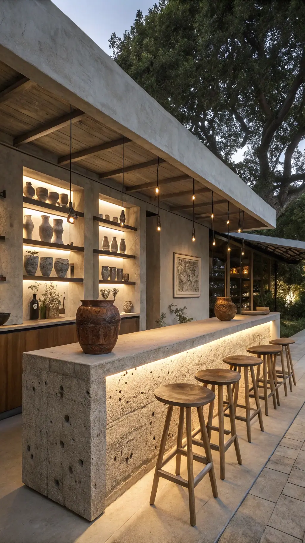 Modern wabi sabi bar space with monolithic concrete bar, wooden stools, ceramic pendants, and wall niches displaying weathered vessels, shot from a low angle at twilight.