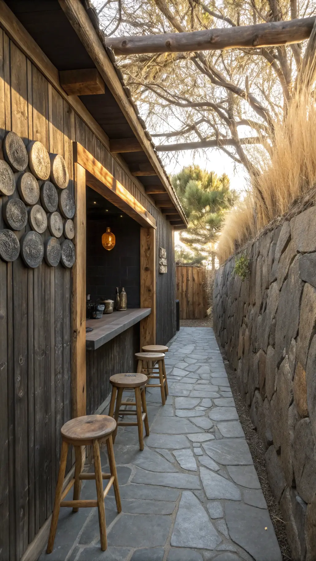 Afternoon light illuminating a narrow 8x12ft bar corridor featuring a floating bar crafted in charred wood showcasing traditional shou sugi ban technique, two naturally weathered stone and wood barstools, a constellation of ceramic wall plates creating an organic pattern, and accents of dried grasses and branches. Depth perspective is evident with the image shot through a doorway. Materials evident are blackened wood, rough stone, and raw clay.