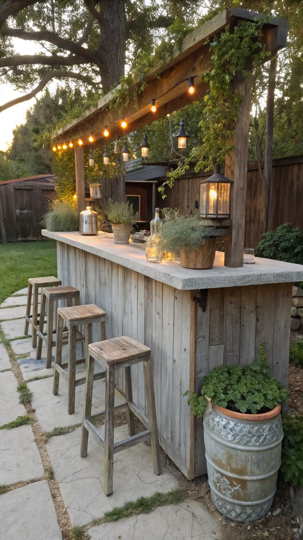 Sunset view of a rustic 10x14ft garden bar with aged wooden counter, concrete stools with erosion patterns, ceramic planters with trailing vines and moss, and vintage glass bottles glowing in golden light, captured from a garden path.