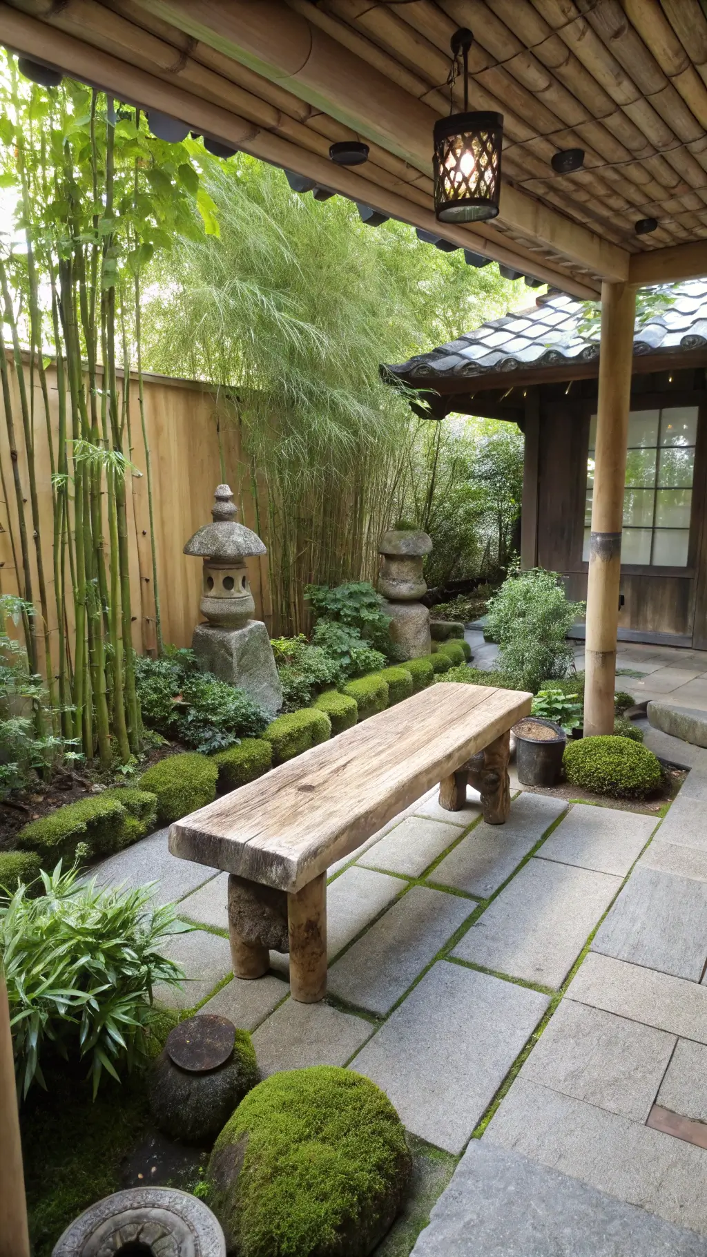 Traditional Japanese garden aesthetic featuring a 5ft reclaimed elm wabi sabi bench with knots and natural edge detail in a 10x12ft covered patio, surrounded by potted bamboo and moss gardens under dappled afternoon light, with stone lanterns providing ambient lighting, colors highlighted are weathered elm, moss green, stone gray, and bamboo green.