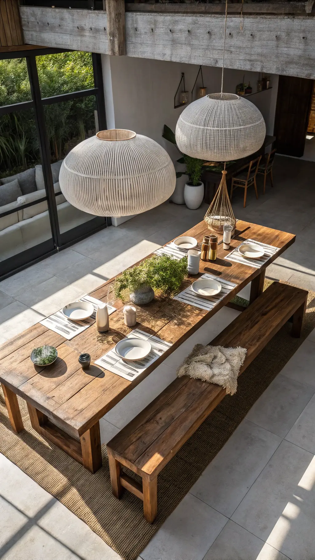 Artistic modern dining space with a 9ft ancient teak wabi sabi bench, modern dining table, oversized ceramic pendant lights, and natural linen runners, illuminated by evening light casting dramatic shadows.