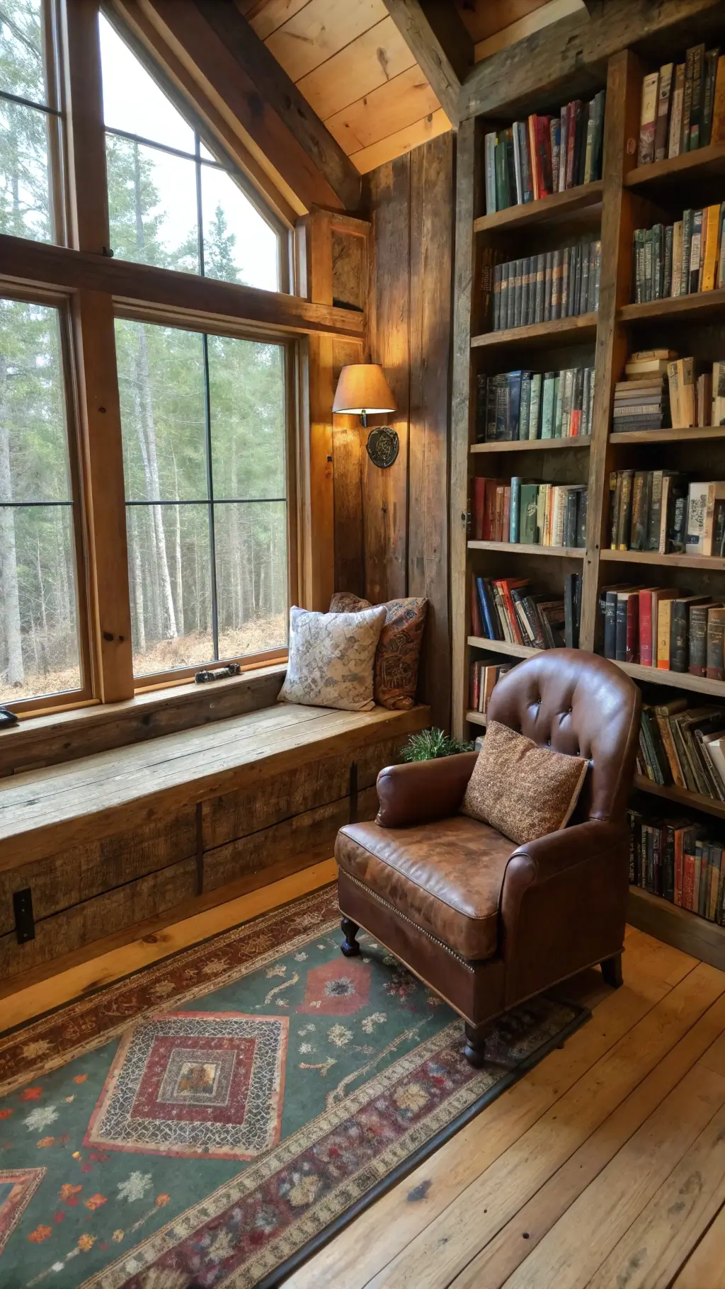 Cozy rustic library reading nook with 5.5ft wabi sabi reclaimed wood bench, vintage leather armchair, forest green woolen throws, and afternoon light streaming through leaded glass windows in a corner shot