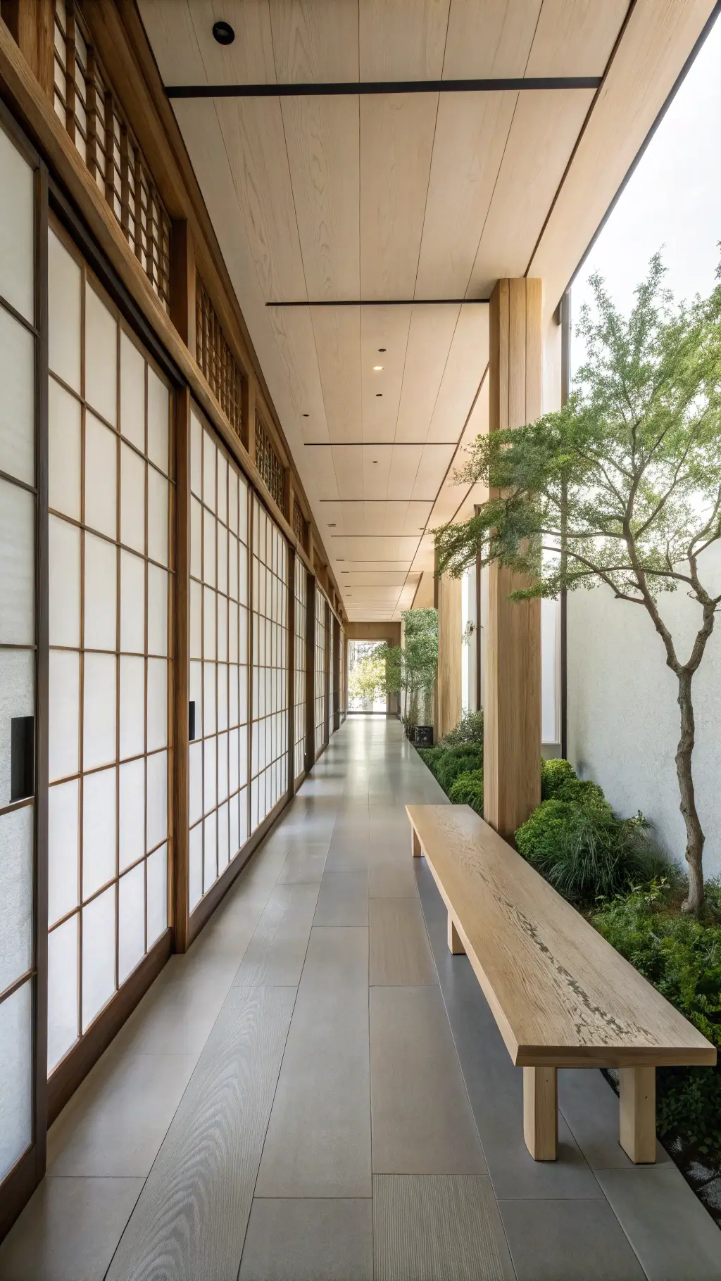 Long-angle shot of a tranquil, contemporary Japanese minimalist Zen hallway, featuring a slender 7ft wabi sabi bleached maple bench with black resin details, rice paper screens, and a single ikebana arrangement.