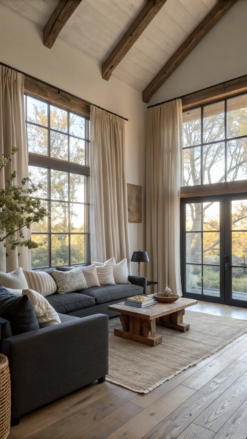 Golden hour light illuminates a sun-drenched 14x16ft living room with high ceilings, large west-facing windows, a low-profile charcoal sofa, and handmade ceramic vessels on a reclaimed wood table, shot in f/2.8 for depth.
