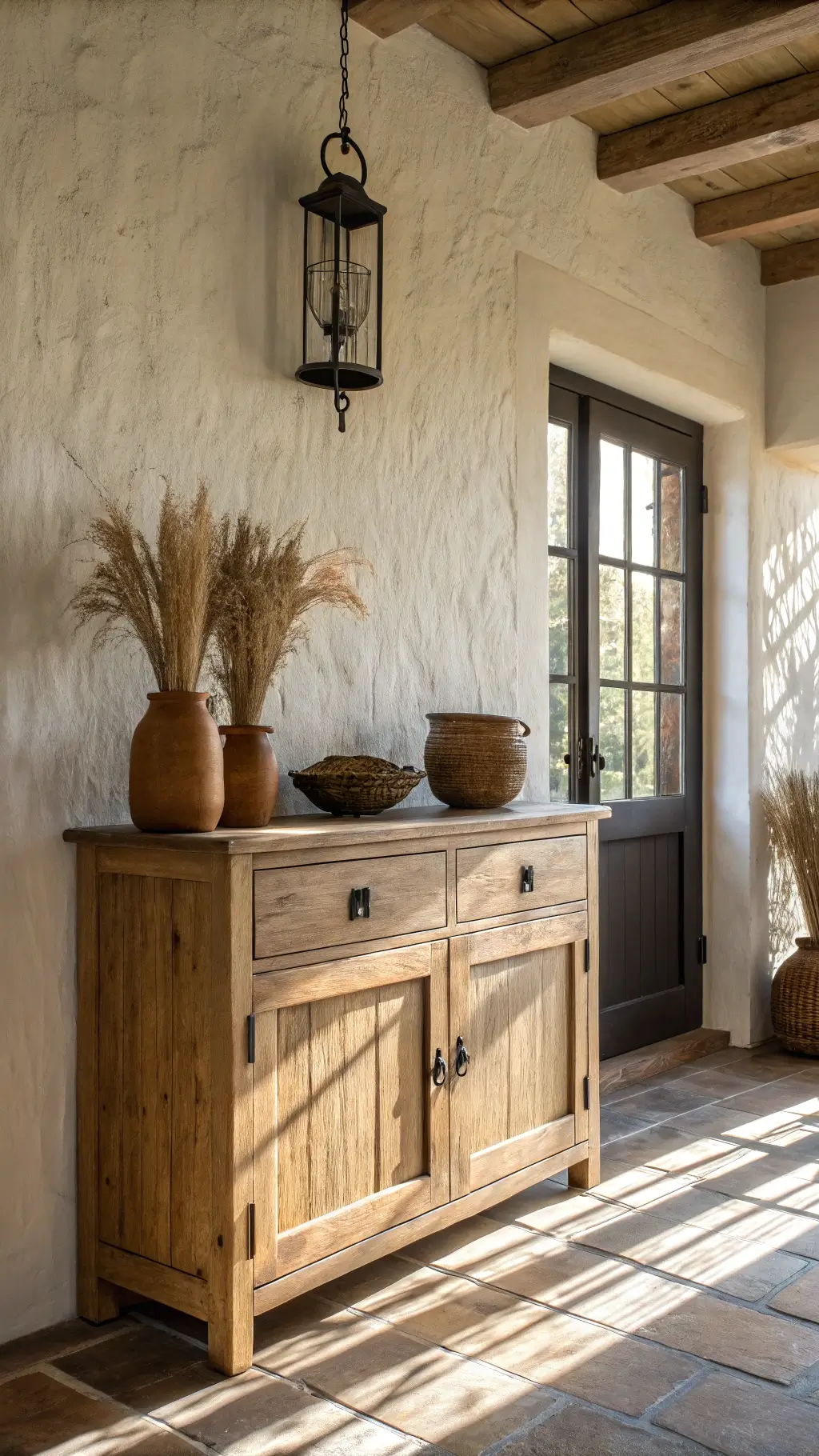 Sunlit entryway with a weathered oak cabinet against an ivory wall, adorned with handmade ceramic vessels and dried pampas grass, with a black pendant light overhead and limestone flooring.