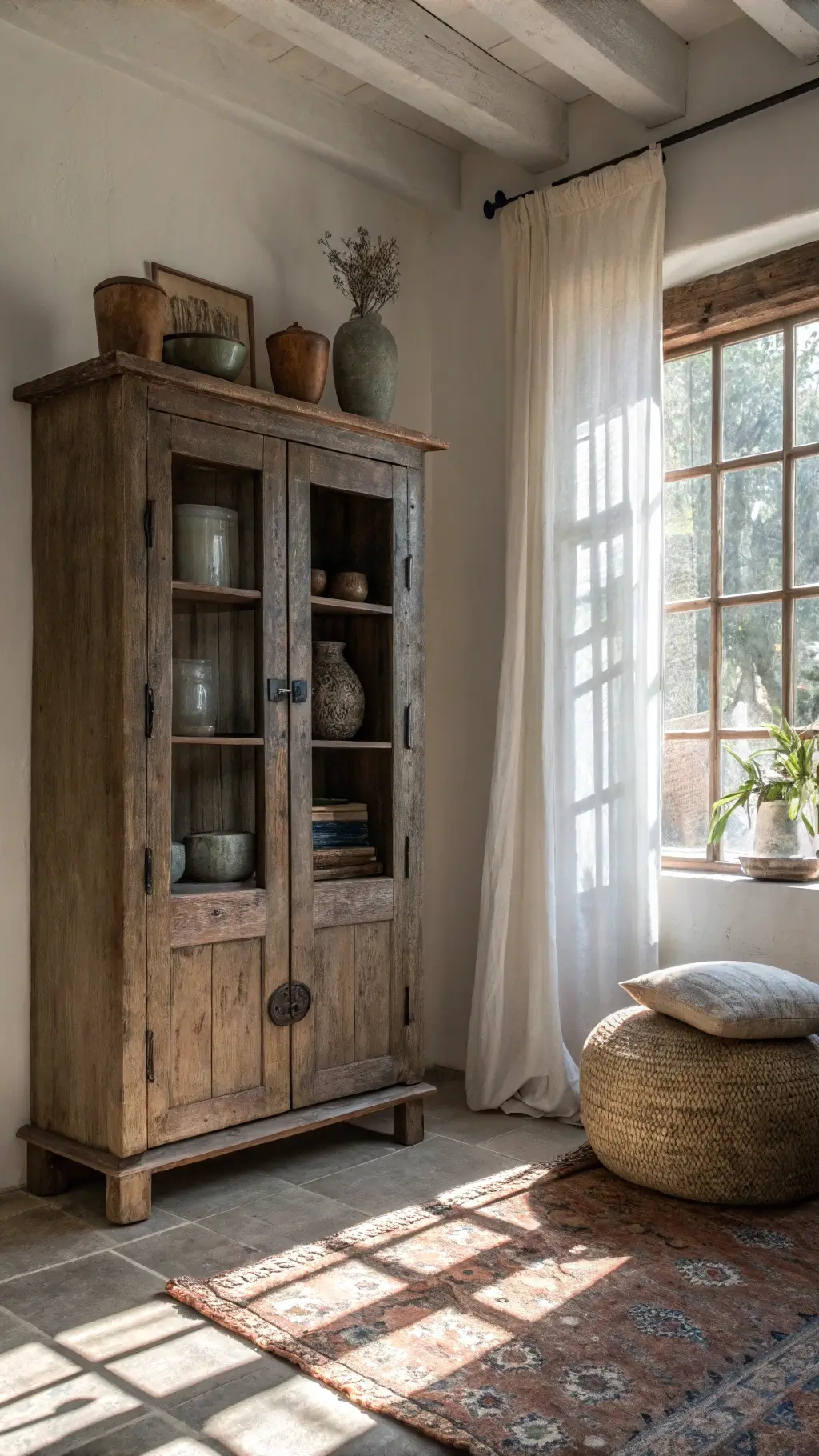 Vintage wabi-sabi cabinet in reclaimed teak styled with pottery in a moody living room corner with soft evening light filtering through sheer curtains