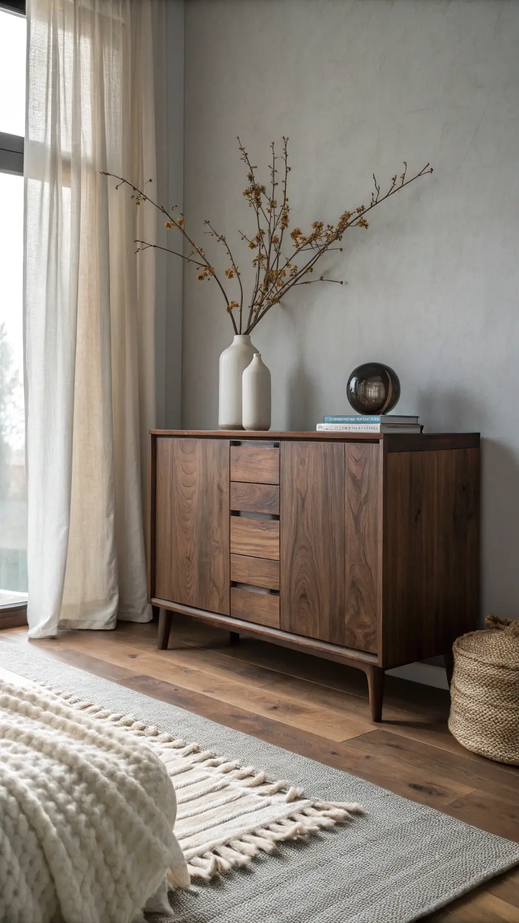 A minimalist 35mm bedroom scene in early morning light featuring a dark walnut wabi-sabi cabinet with visible grain and splits, against a warm grey wall, adorned with a simple ikebana arrangement in a crackle-glazed vessel, a cream-colored handwoven wool rug, and a soft linen curtain panel, emphasizing negative space for quiet contemplation.
