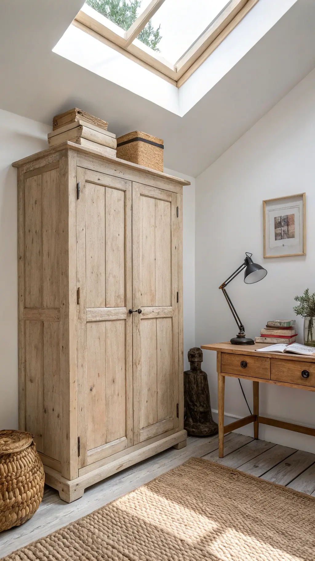 Wabi-sabi bleached pine cabinet with rough edges and visible joinery in a home office, styled with a minimalist brass lamp, handmade paper, and a stone sculpture under indirect skylight, with textured sisal carpet and contrasting warm white walls and pure white ceiling.