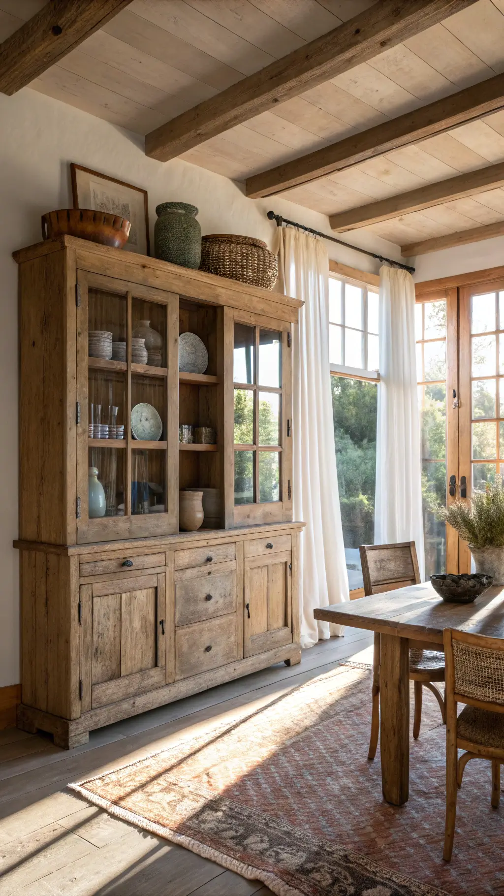 Golden sunlight streaming into a dining room with a large wabi-sabi cabinet made of salvaged elm showcasing rustic ceramics and weathered copper vessels, underlined by an asymmetrical raw silk runner and framed by exposed ceiling beams.