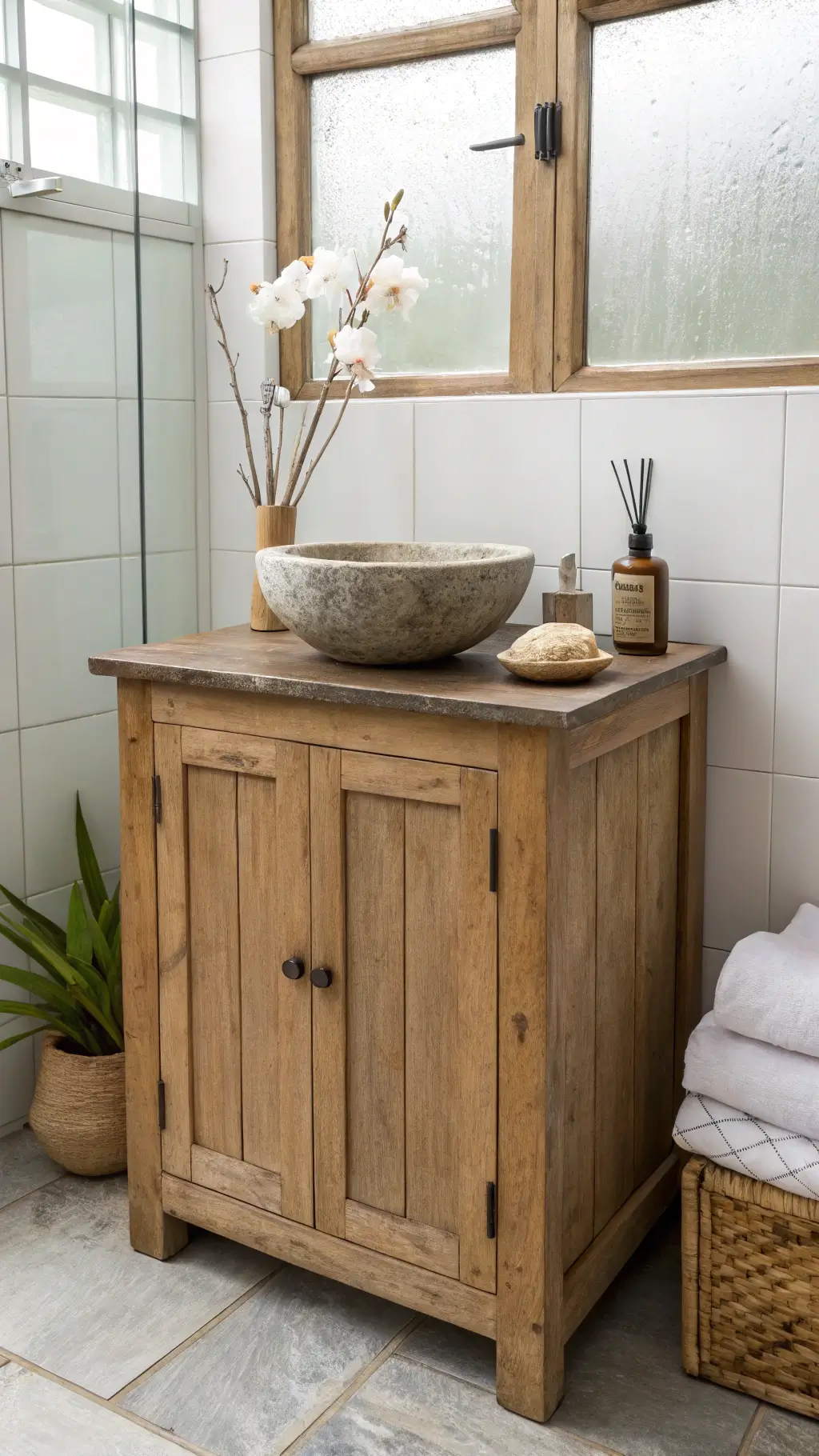 Zen-style bathroom with weathered teak cabinet, stone basin, bamboo accessories, and an orchid stem, lit by diffused morning light and softened by steam.