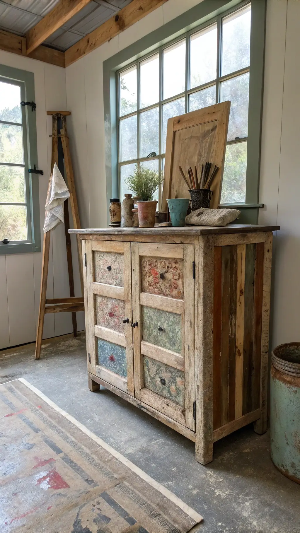 Artist's studio corner with distressed wabi-sabi reclaimed barnwood cabinet under north-facing natural light, topped with paint-splattered vessels and dried botanicals, against a canvas dropcloth backdrop and concrete floor.