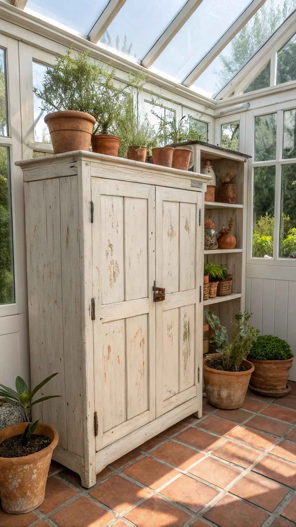 Greenhouse-style sunroom bathed in dappled afternoon light, featuring a whitewashed wabi-sabi cabinet and terracotta floor tiles, styled with terracotta pots, trailing plants, and handmade gardening tools.