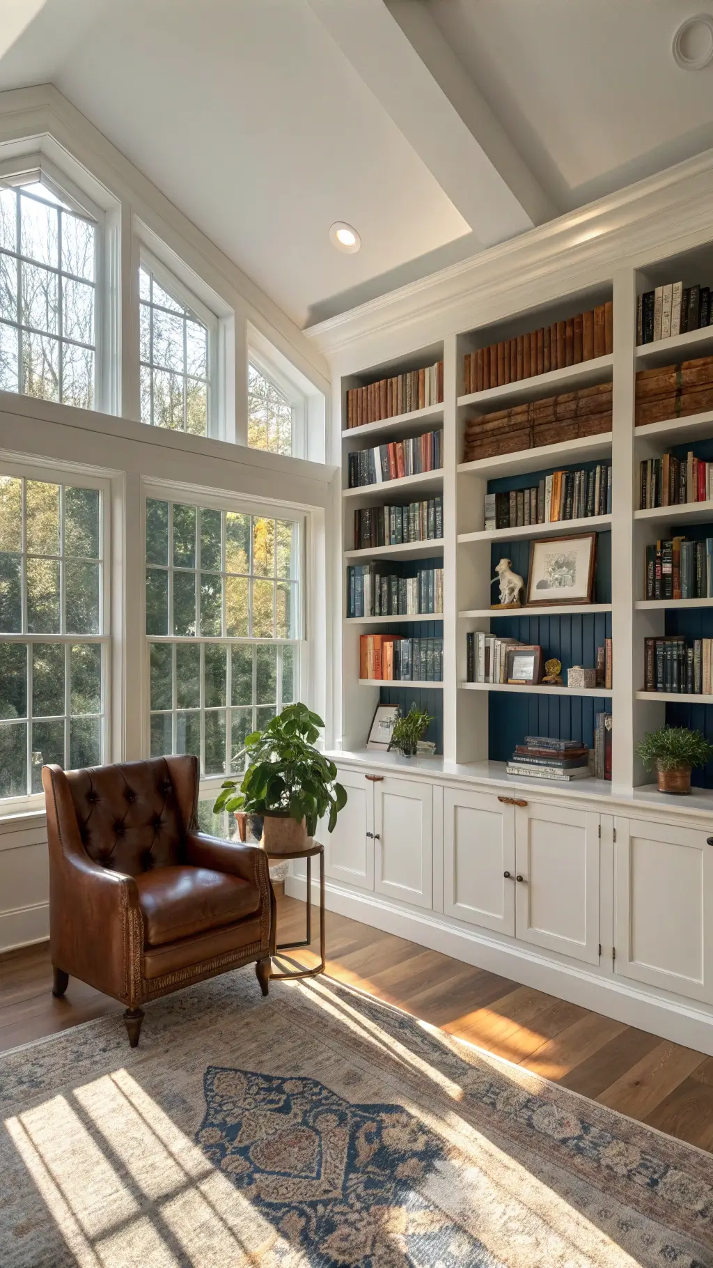 Sophisticated home office bathed in late afternoon light, highlighting floor-to-ceiling white bookshelves arranged in color gradient, brass sculptures, pothos plants, a brown leather armchair, and walnut hardwood floors.