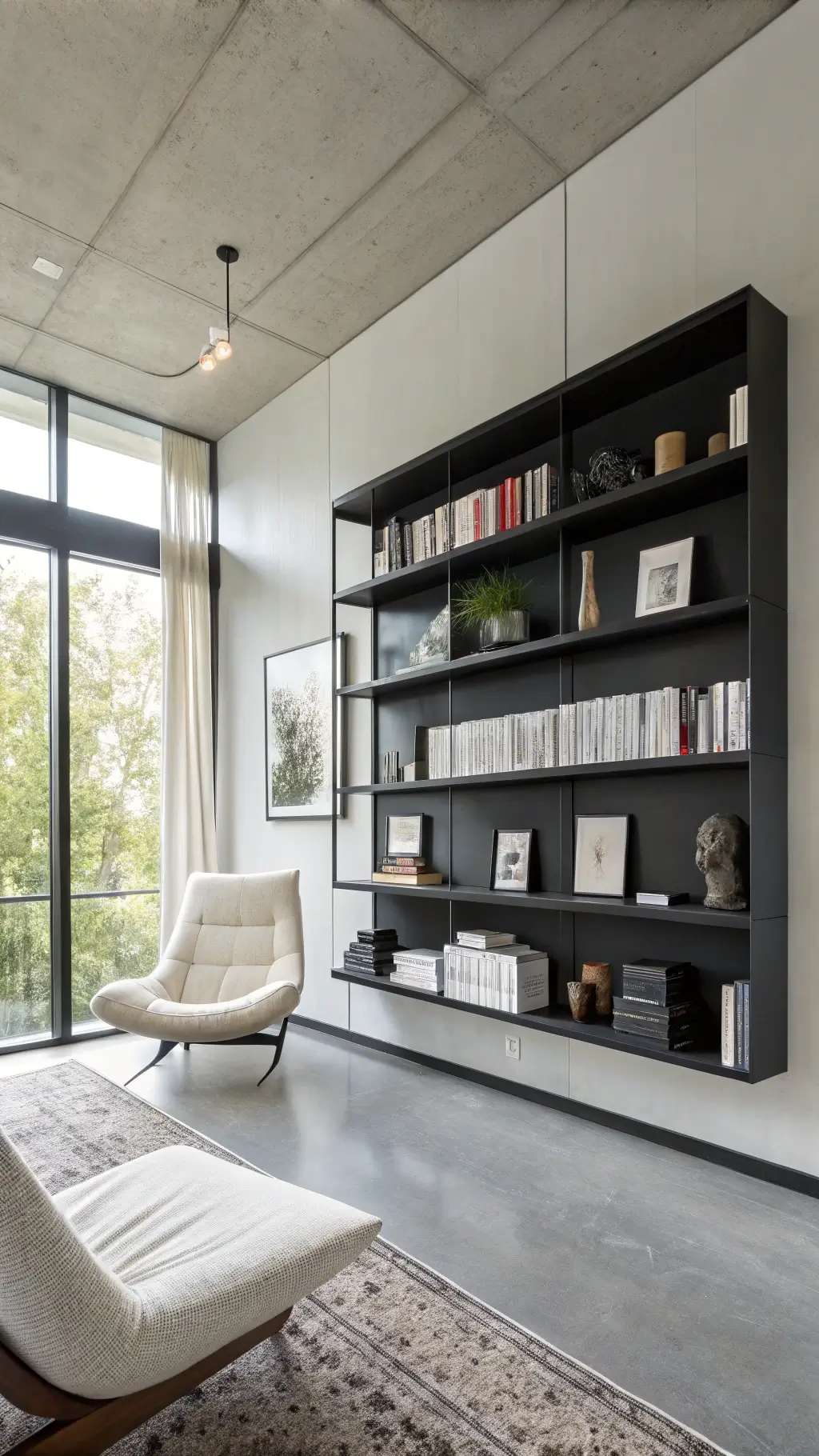 Modern minimalist living room with a 16ft black floating bookshelf, filled with white and gray books, geometric concrete sculptures, and clear crystal clusters, highlighted by early morning light. Room features a Scandinavian lounge chair, polished concrete floors and white walls.