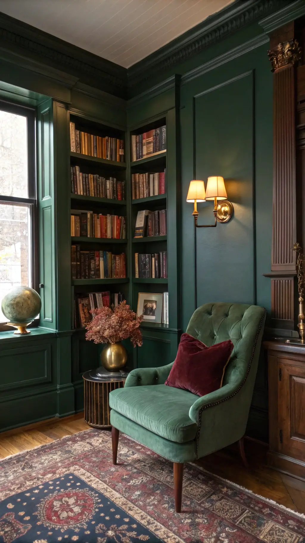 Rainy afternoon in a cozy reading nook in a Victorian brownstone, featuring built-in hunter green shelves, vintage globes, books with antique brass bookends, dried hydrangeas in copper vases, a plush emerald velvet reading chair and an oriental rug in burgundy and navy, all under warm lamp light.