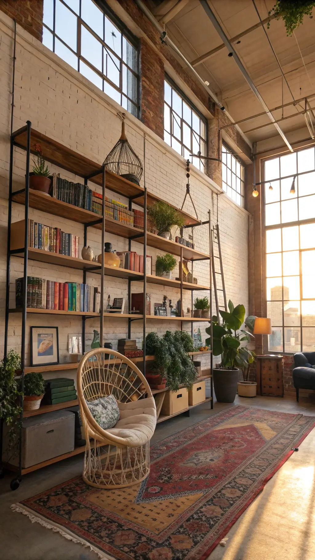 Bohemian artist's loft filled with rainbow-arranged books, hanging plants, ceramic vessels, and vintage art prints on a 20ft industrial pipe shelving, complemented by natural golden hour lighting through warehouse windows and a rattan hanging chair on vintage rugs, conveying a creative eclectic sanctuary mood.