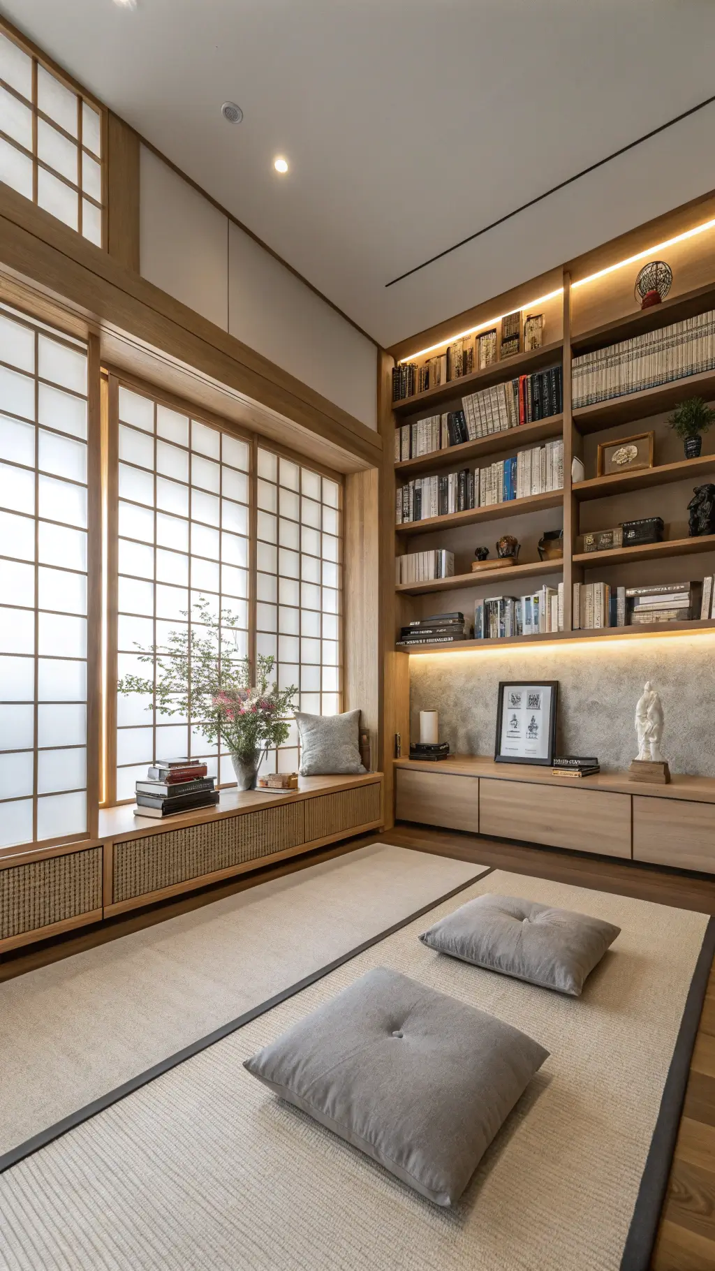 Minimalist Japanese study with floating oak shelves, shoji screens, grouped books, ikebana flower arrangements, stone sculptures, zabuton cushions, and tatami mats in soft morning light, illustrating a peaceful zen-like atmosphere