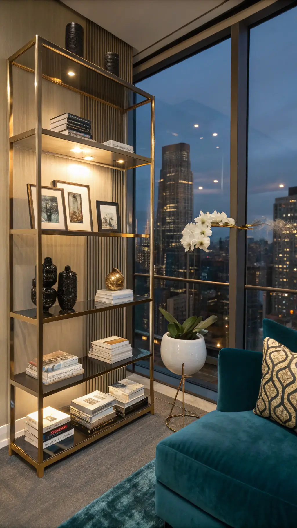 Elegant penthouse library corner with brass and glass shelving, assorted art books, black marble decor, and orchids, with city lights in background viewed through floor-to-ceiling windows; featuring azure velvet chaise and silk carpet under dramatic overhead lighting.