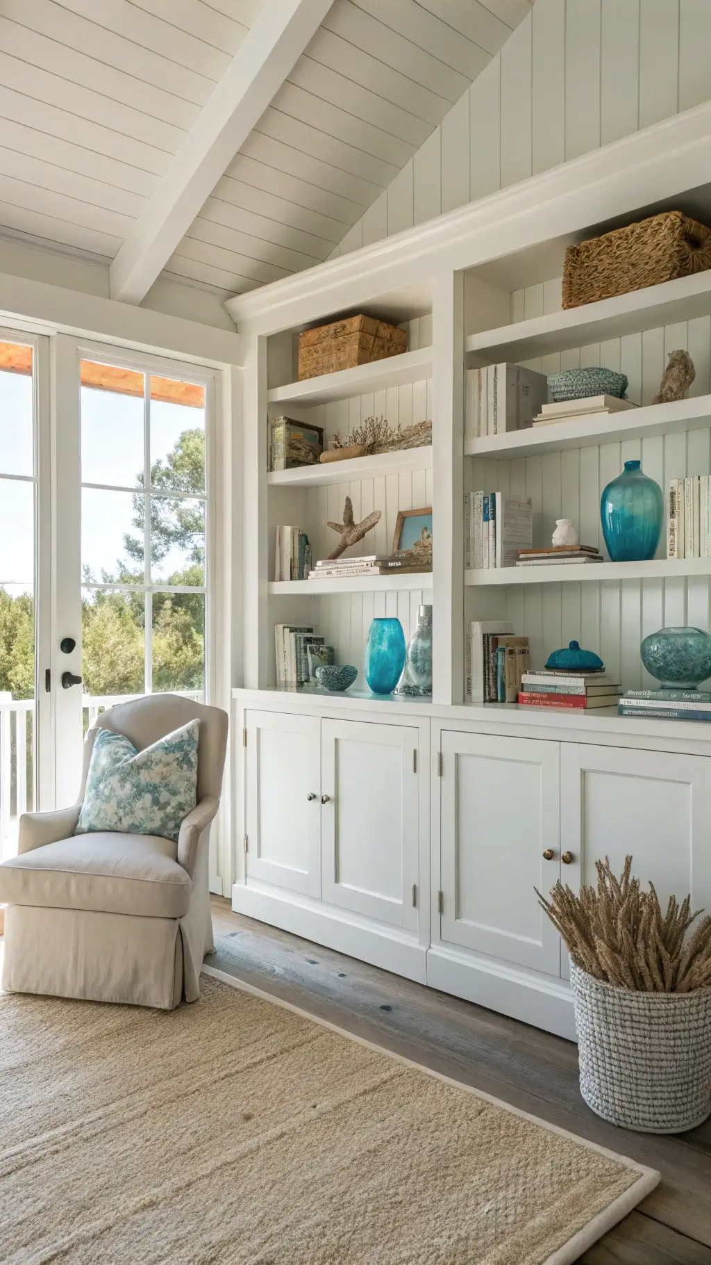 Family room in a coastal cottage showcasing whitewashed built-in shelves loaded with books, coral specimens, blue glass floats, and weathered driftwood. The room features a natural linen slipcovered armchair and a seagrass rug, and opens onto a deck, indicating indoor-outdoor flow. The ambiance is of mid-morning beach light offering a casual beach house elegance.