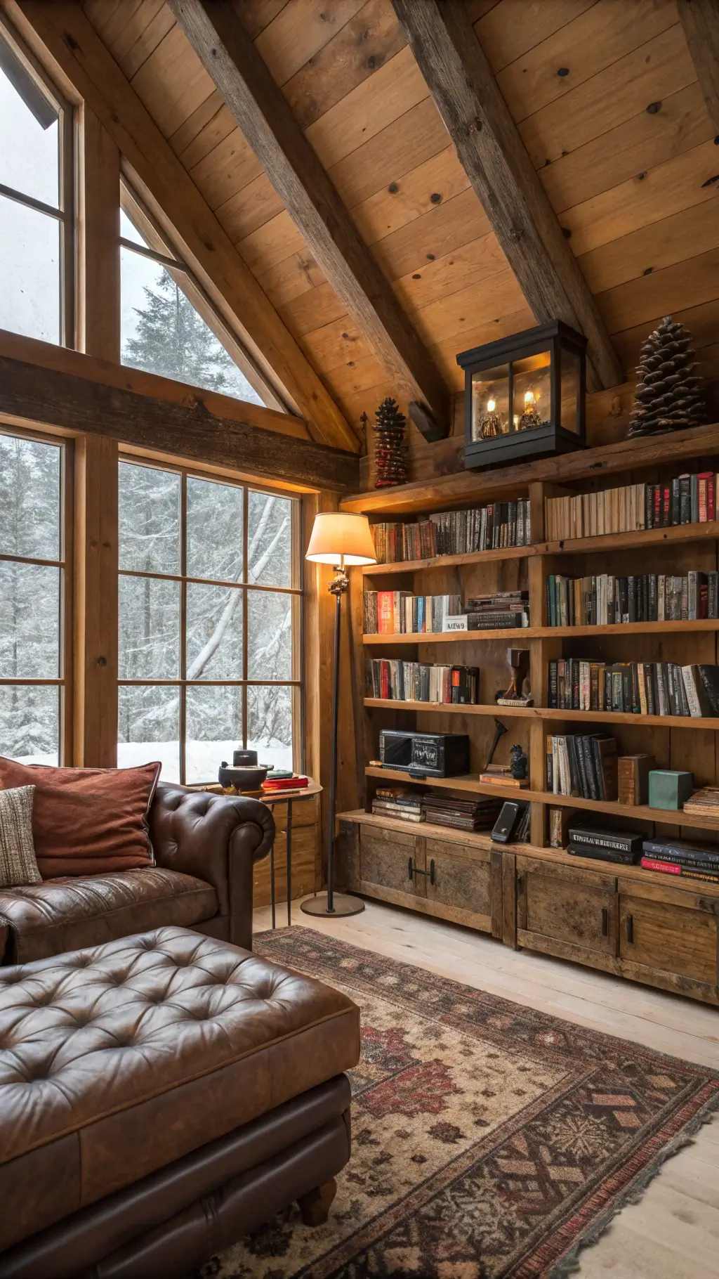 Rustic mountain cabin great room with reclaimed timber shelving, books, vintage cameras, and wool throws in warm afternoon light, featuring a leather Chesterfield sofa and hide rug