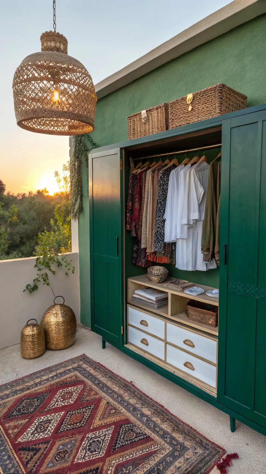 A sunset-lit bohemian luxe wardrobe featuring an emerald green accent wall, vintage brass fixtures, mixed material storage with rattan, brass and white lacquer, a Moroccan pendant lamp casting patterned light, a rich-toned vintage Turkish rug, and a textured macramé wall hanging with golden hour lighting enhancing the layered textures and materials.