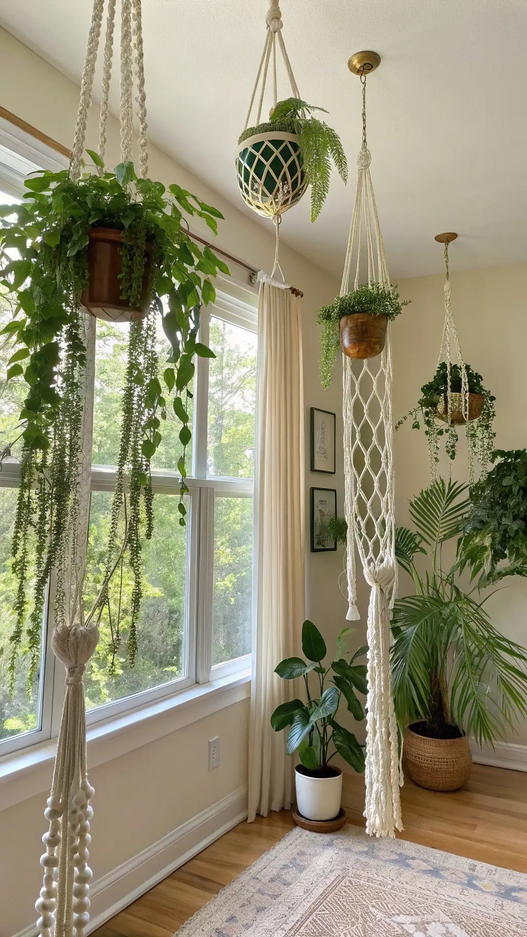 Boho-eclectic living room with a hanging garden arrangement of macramé plant hangers, various cascading plants, floor-to-ceiling windows and vintage brass planters against cream-colored walls, captured during golden hour.