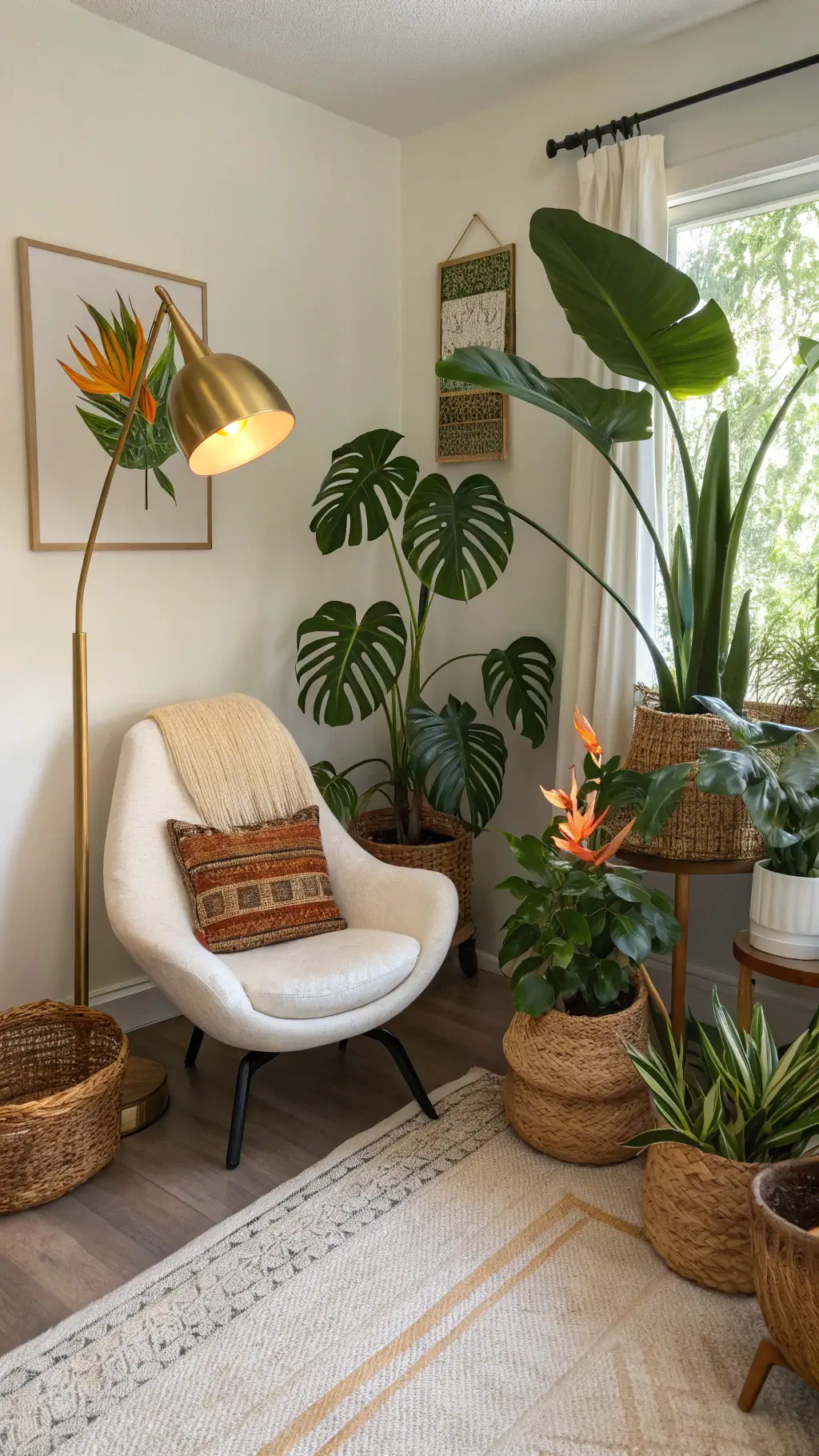 Cozy tropical reading nook with bird of paradise and monstera deliciosa plants, modern chair, warm brass floor lamp, natural fiber rug, and woven baskets holding smaller plants in a 6x8ft corner.
