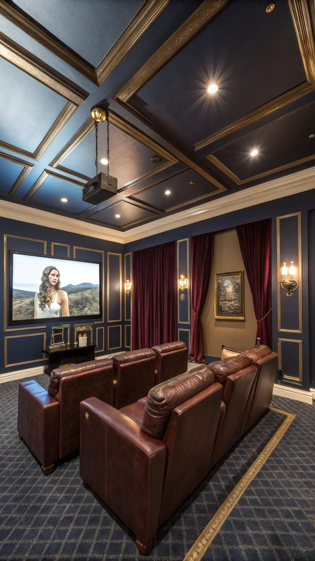 Luxurious home theater room with navy walls, leather recliners, 120-inch screen, burgundy velvet curtains, ambient LED lighting, brass sconces, charcoal carpet, metallic throw pillows, and framed vintage movie posters.