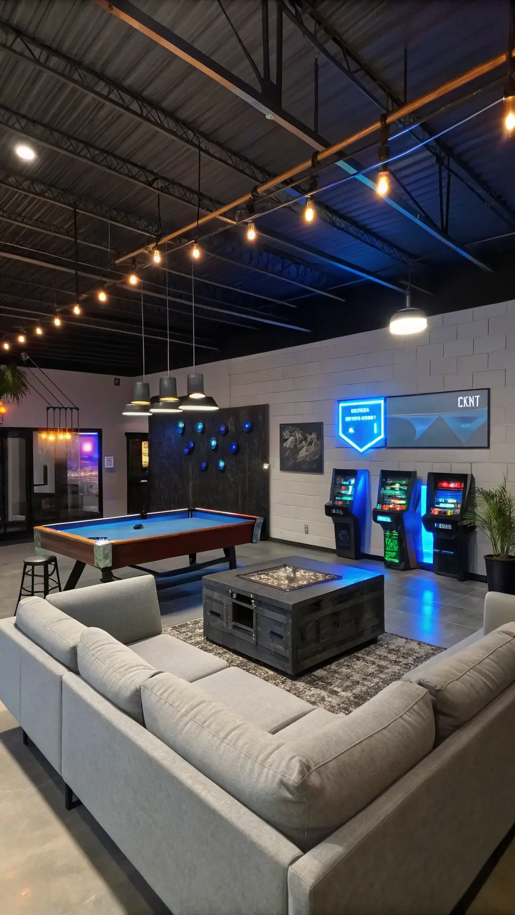 Gaming paradise featuring a vintage pool table, arcade machines, gray sectional seating, neon signs, gaming memorabilia, under industrial-style exposed beams and accented by electric blue and charcoal acoustic panels.