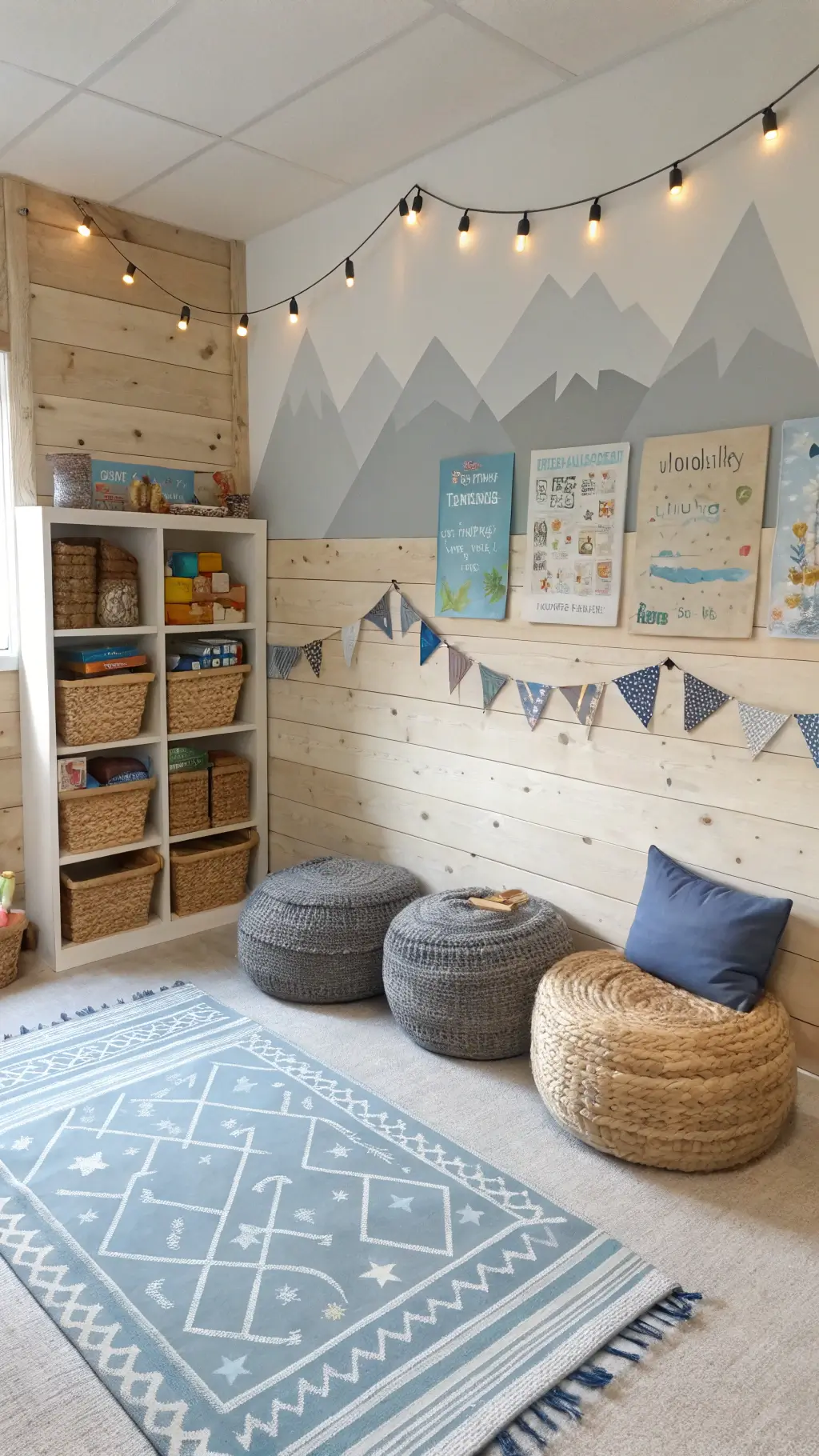 Colorful and organized child's playroom featuring a hand-painted mountain mural, natural wood climbing wall, reading corner with floor cushions, open shelving with toys, and comfort-enhancing bean bags and rugs.