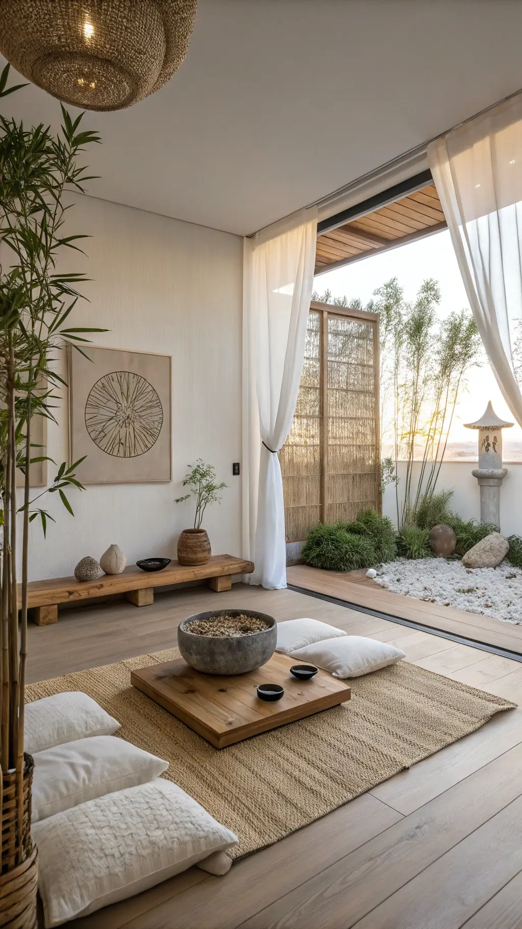 Zen meditation room bathed in sunrise light featuring warm white walls, natural linen floor cushions around a low wooden table with water feature, bamboo plants, a Himalayan salt lamp and minimal artwork.