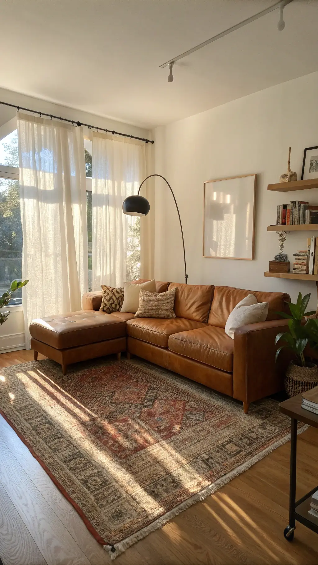 Golden hour in a spacious living room with sunlit cream curtains, a plush cognac leather sectional adorned with cream and rust pillows, a mid-century credenza framed by linen-shaded table lamps, persian rug, and warm-tone light fixtures, styled with art books, ceramics, and plants.