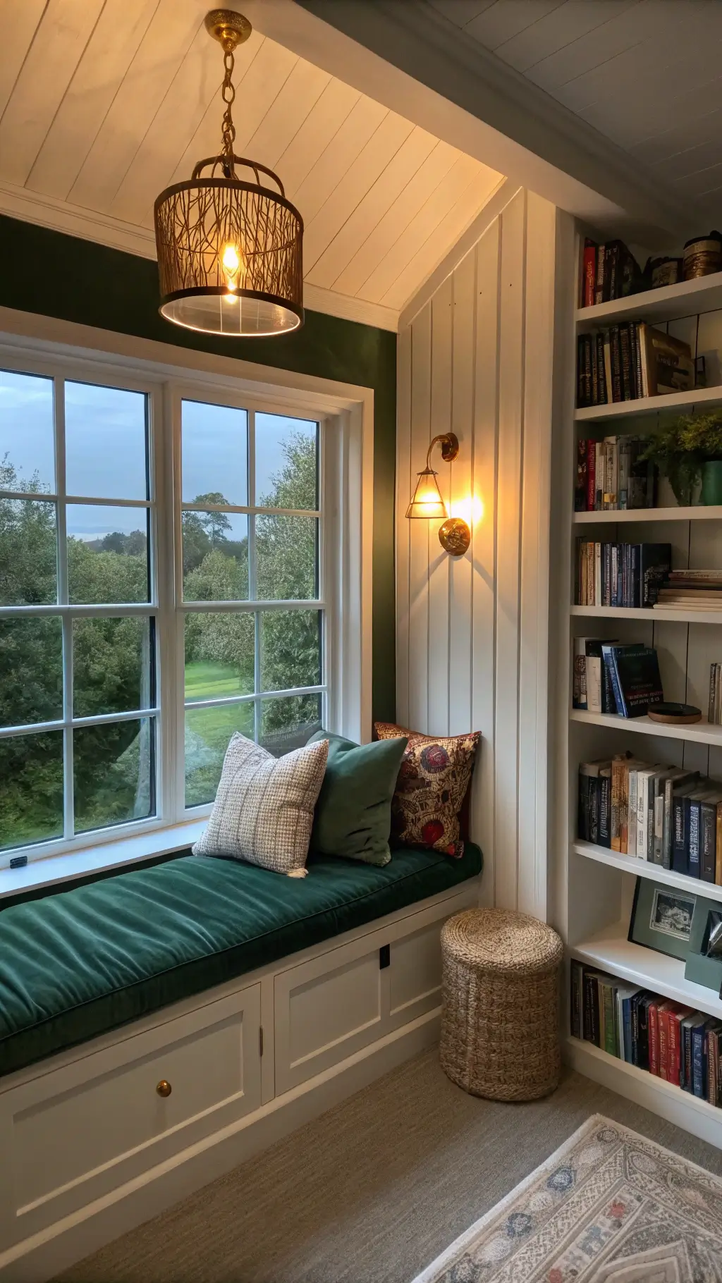 Cozy reading nook with forest green velvet window seat, brass lamp, built-in bookshelves, vintage leather footstool and navy walls at dusk