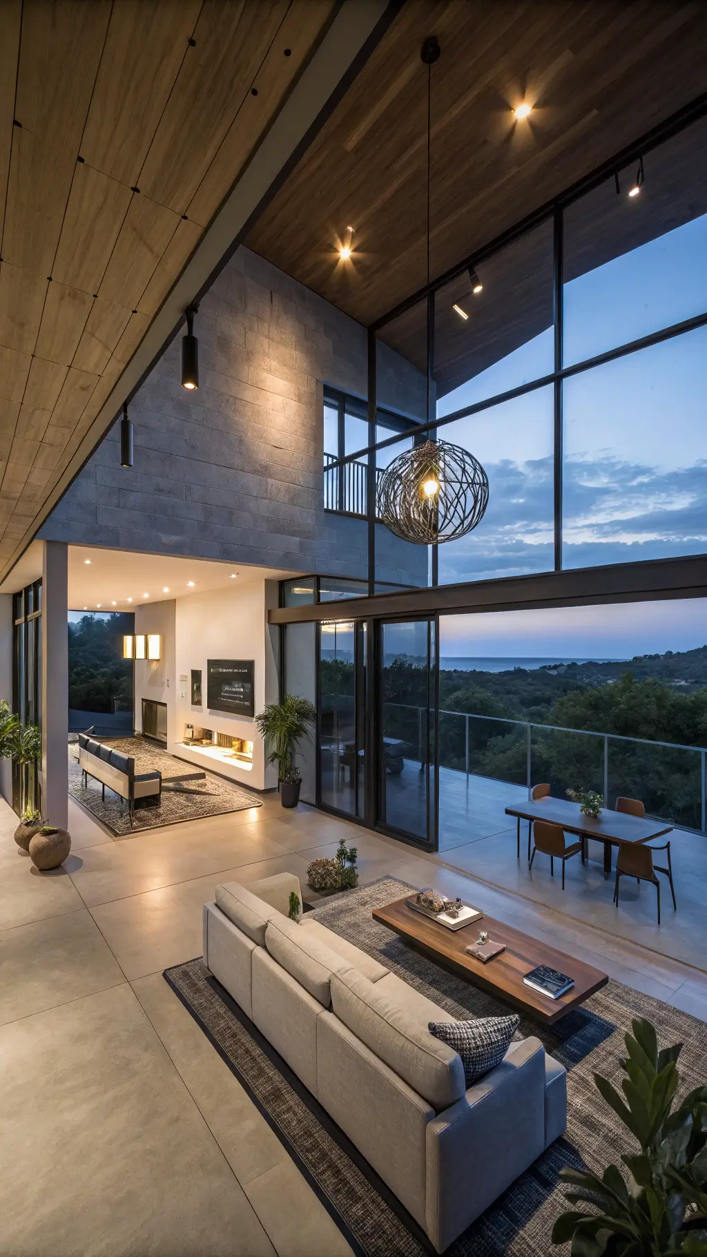 Modern open-concept living room featuring floor-to-ceiling windows, Philips Hue strip lights, minimalist pendant cluster, low-profile charcoal sectional, bleached oak coffee table, geometric grey/ivory area rug, with accents of black metal floor lamp, oversized art and a polished concrete planter with fiddle leaf fig.