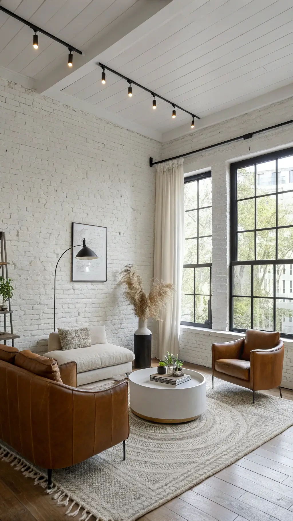 Scandinavian-style living room with white brick walls, black steel-framed windows, cognac leather chairs around a marble table, and accentuated with white linen curtains, ceramics, and dried pampas grass decor