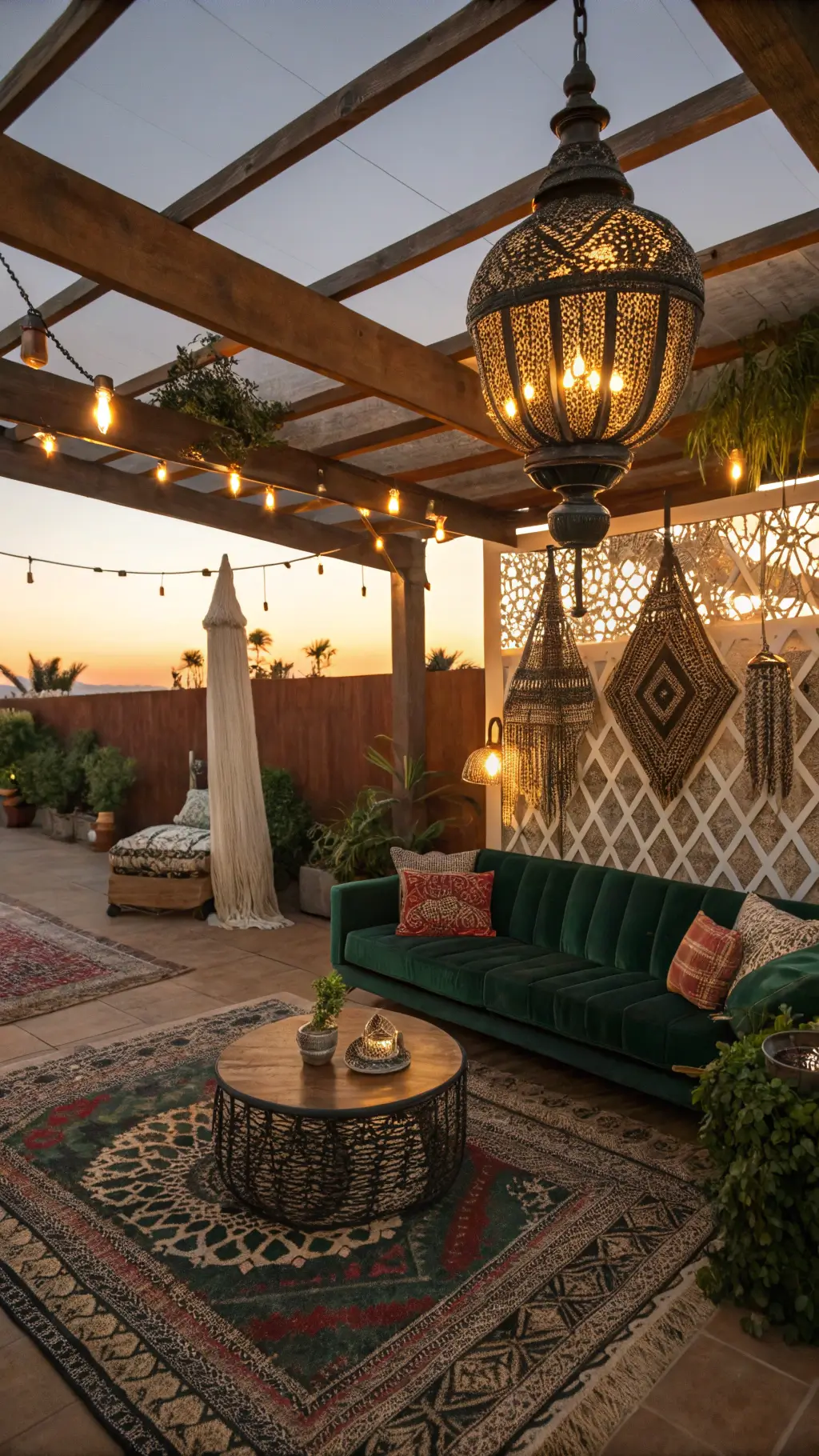 Bohemian living space at sunset showing intricate shadow patterns from Moroccan pendant and vintage lighting, emerald green velvet sofa, layered vintage rugs, rattan floor lamp, and warm golden glow on plants.